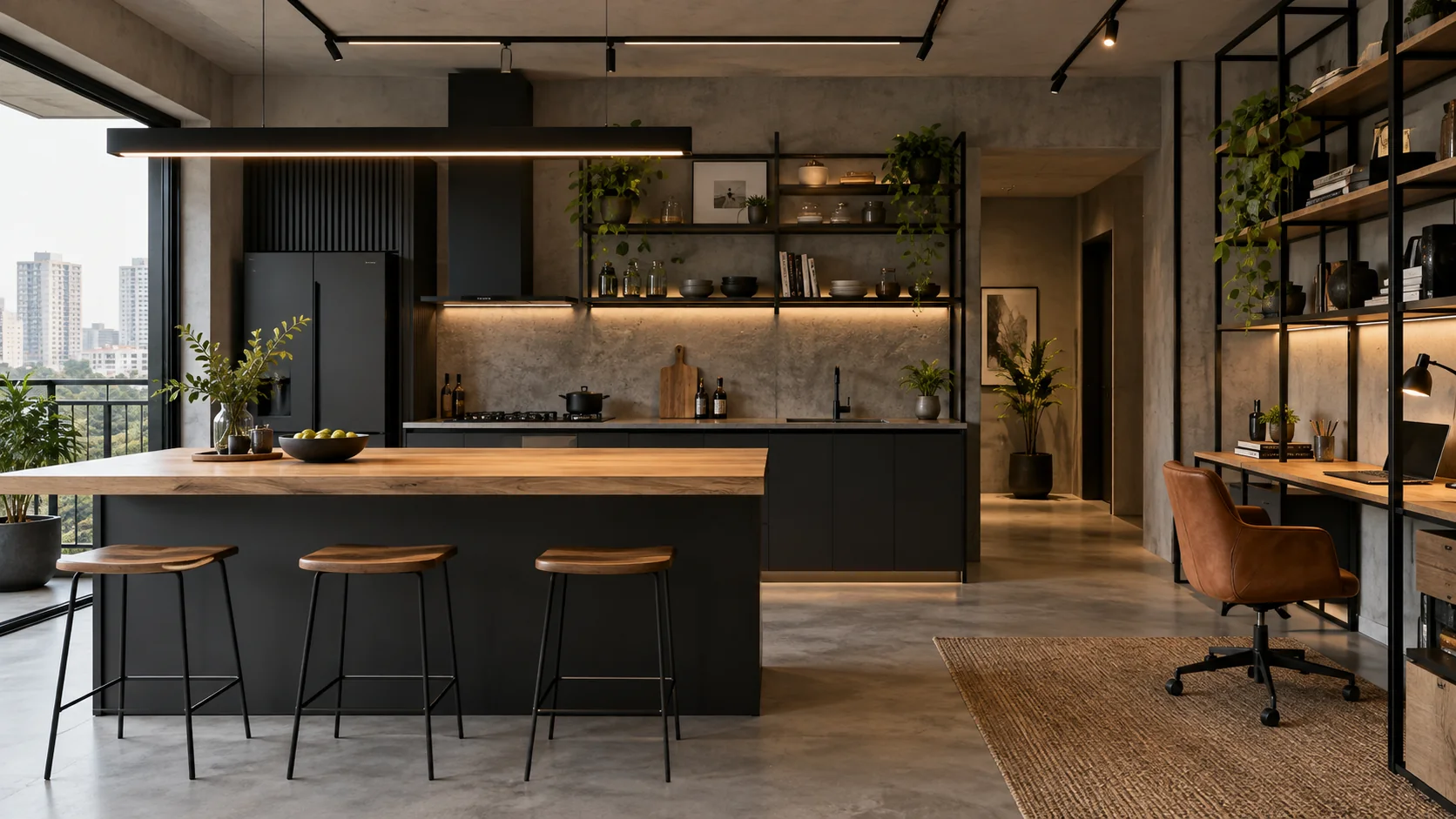 Urban industrial kitchen and home office interior