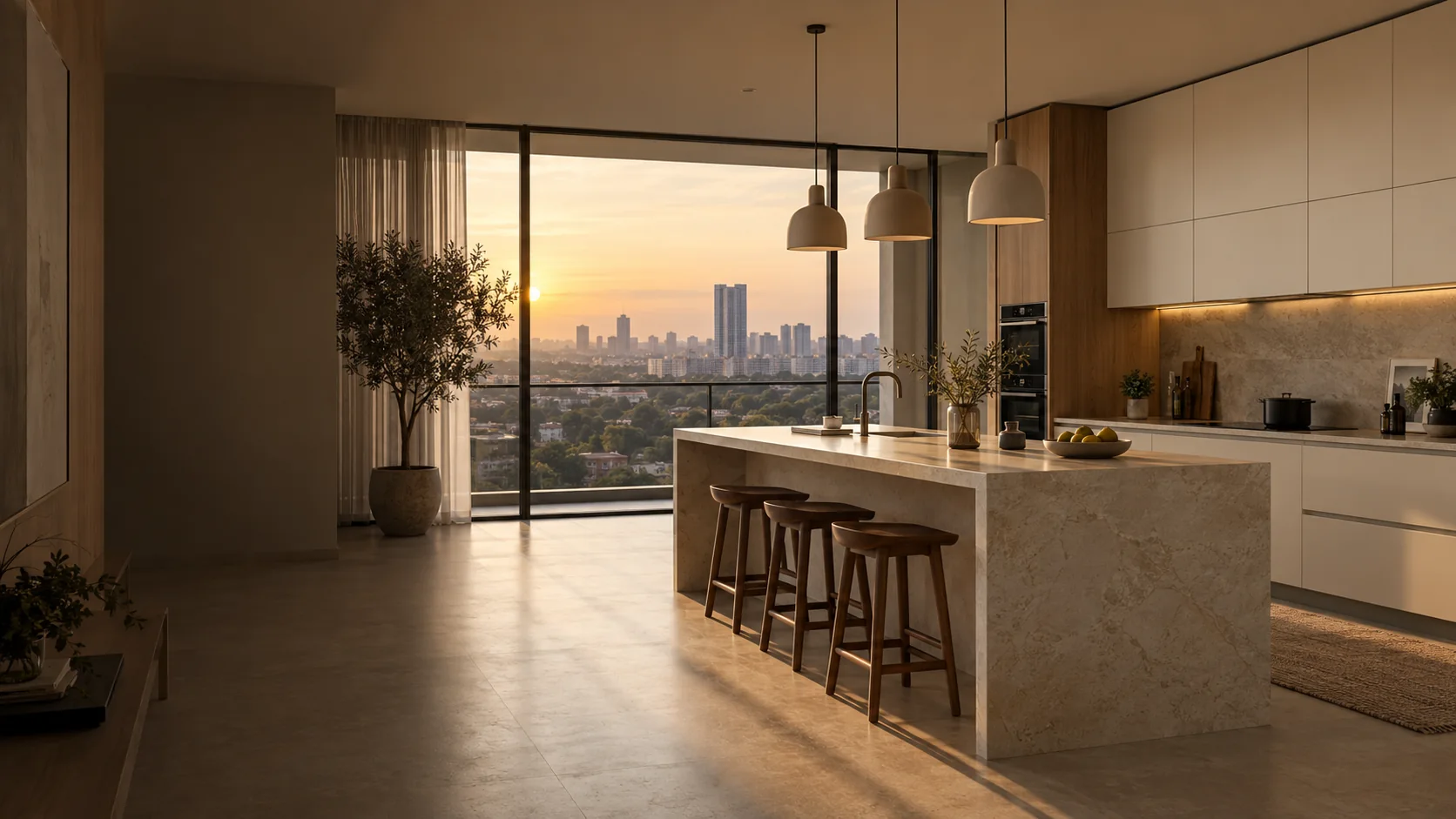Warm minimalist modular kitchen designed for a Bangalore apartment by Homeland Interiors